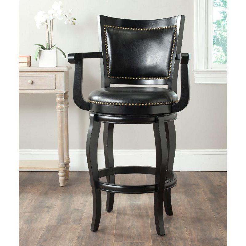 Transitional Black Leather Swivel Bar Stool with Bronze Nailhead Trim