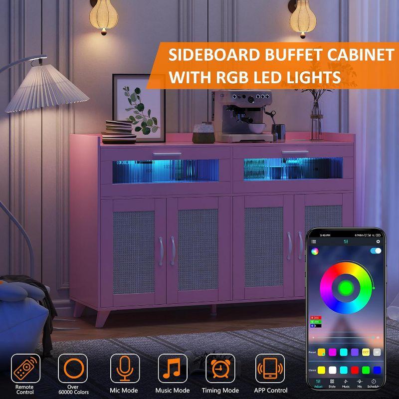 Garvee Sideboard Buffet Cabinet with Power Outlet & LED Light - Kitchen Storage Cabinet with 2 Fluted Acrylic Drawers & 4 Rattan Doors, Pink