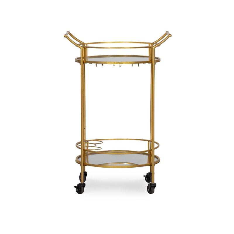 Round Metal Frame 2 Mirrored Glass Shelves Bar Cart with Locking Wheels - Linon: Indoor Serving Trolley