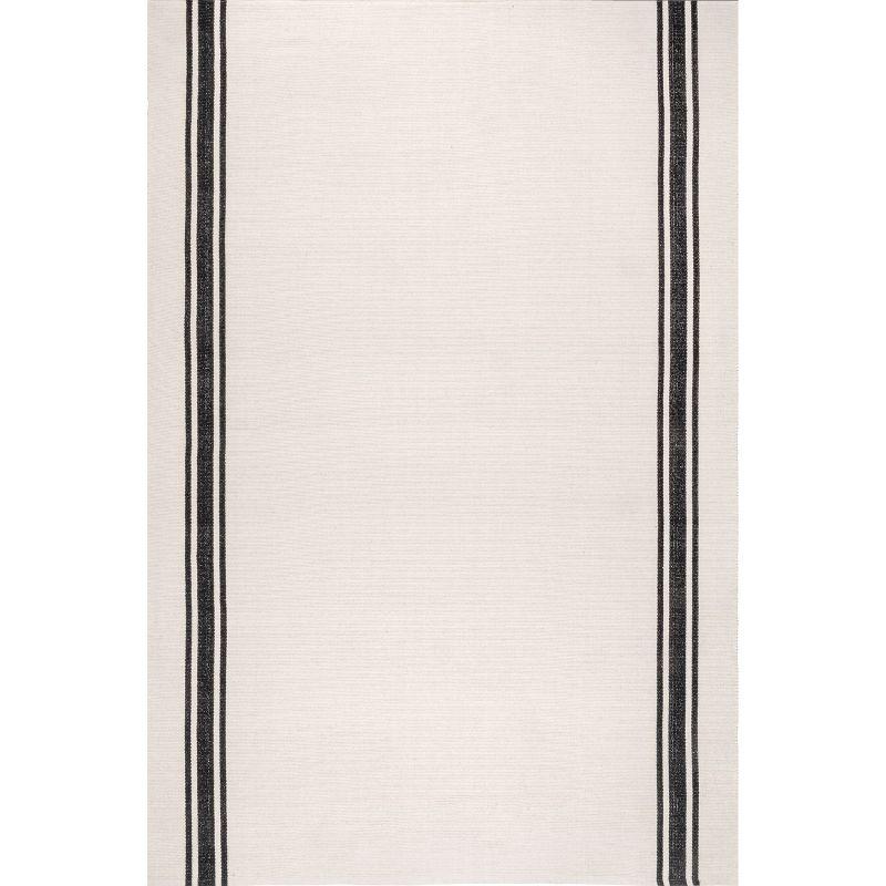 Ivory and Black Cotton Flatweave Striped Rectangular Rug