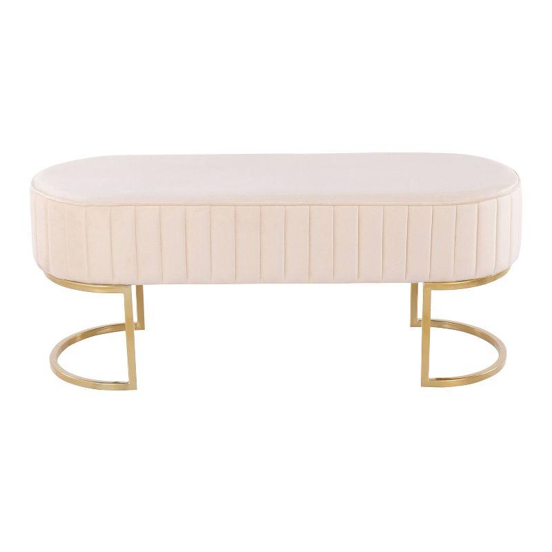 Contemporary 41" White Velvet Pleated Bench with Gold Frame