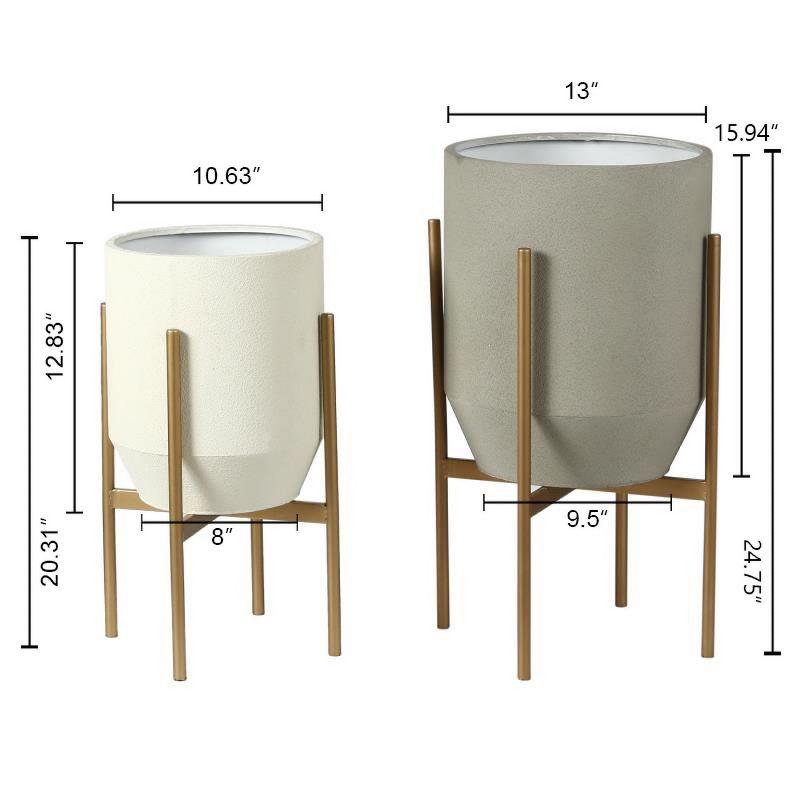 LuxenHome Set of 2 Gray and Off White Round Metal Cachepot Planters with Gold Stand