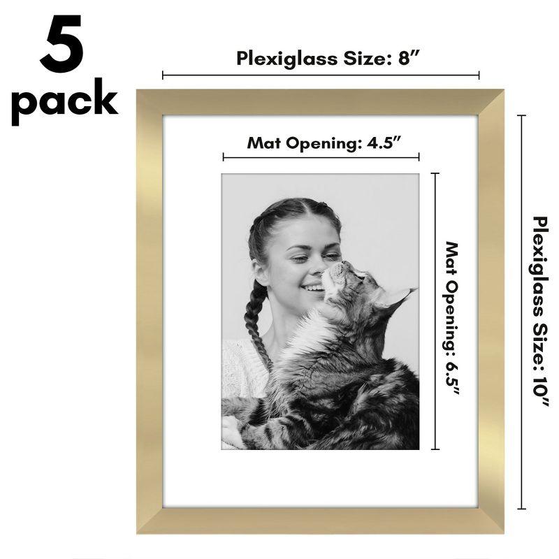 Americanflat 5 Pack of 8x10 Frames with 5x7 Mat - Plexiglass Cover - Gold