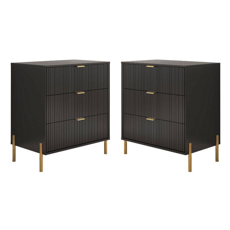 Festivo 2pc Modern Elegance 3 Drawer Nightstands Side Table Set Black