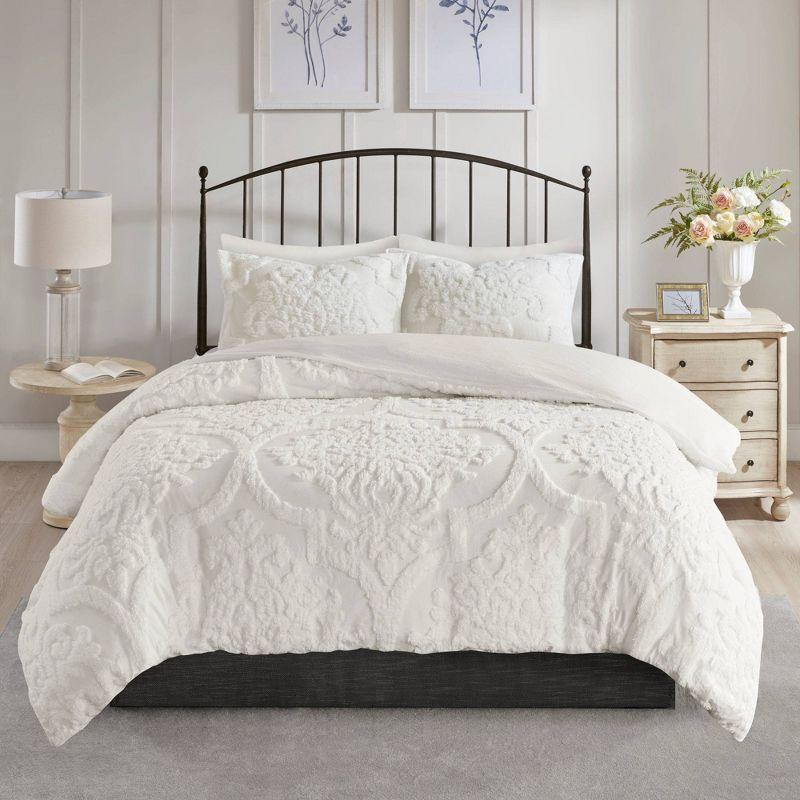 Madison Park Viola Tufted Cotton Chenille Damask 3 Piece Duvet Set & Reviews | Wayfair