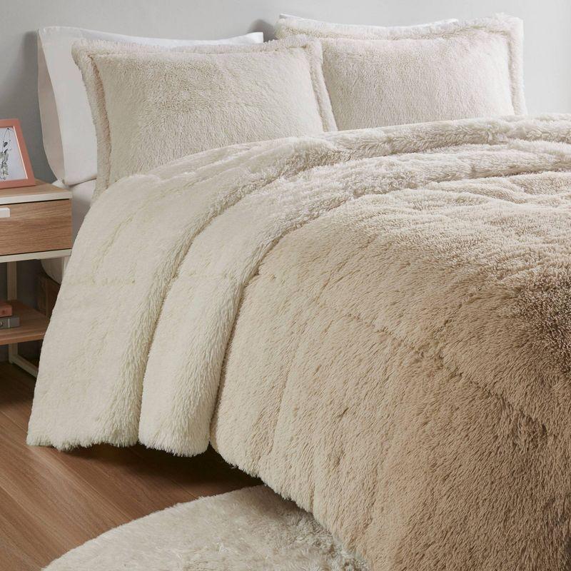 Natural Ombre Twin Shaggy Faux Fur Comforter Set