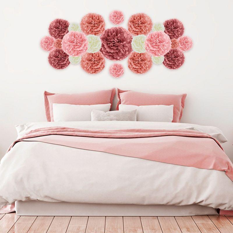 EpiqueOne 20 Piece Tissue Paper Pom Poms Party Kit - Colorful Paper Flower Wall Decorations - Pink Rose