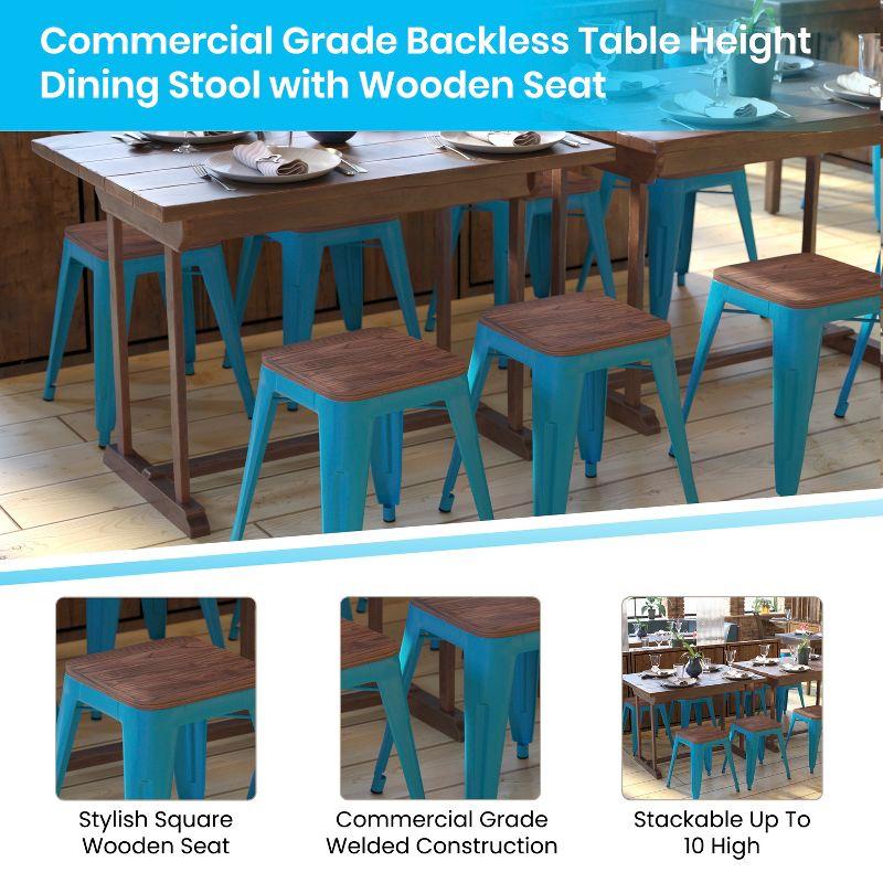 Flash Furniture 18" Backless Table Height Stool with Wooden Seat, Stackable Teal Metal Indoor Dining Stool, Commercial Grade - Set of 4