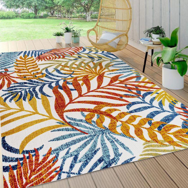Cream and Orange Tropical Palm Leaves 5' x 8' Indoor/Outdoor Rug