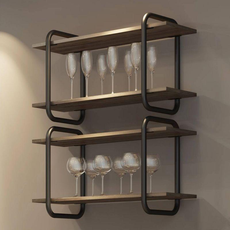 Elegant Walnut and Steel 2-Tier Floating Wall Shelf