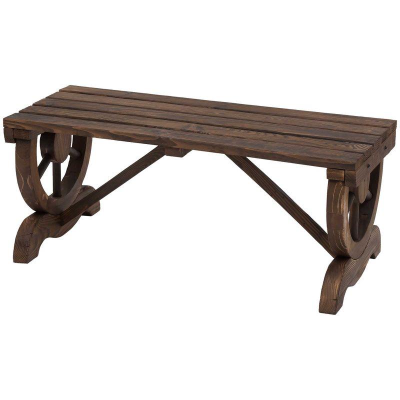 Outsunny 2-Person Wooden Garden Bench, Outdoor Wagon Wheel Porch Bench for Backyard Garden, Support 550 LBS, Rustic Country Style, Brown
