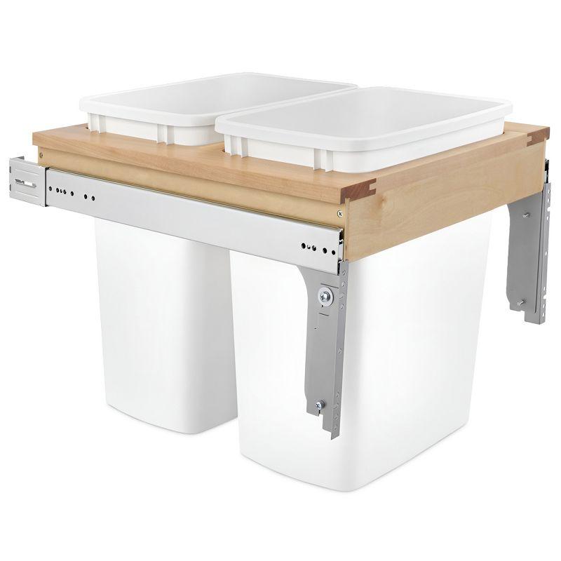 Rev-A-Shelf Double Pullout Trash Can for Base Kitchen/ Bathroom Cabinets, 35 Qt Wood Top Mount Garbage Bin, 18" x 1.5" Face-Frame, White, 4WCTM-21DM2