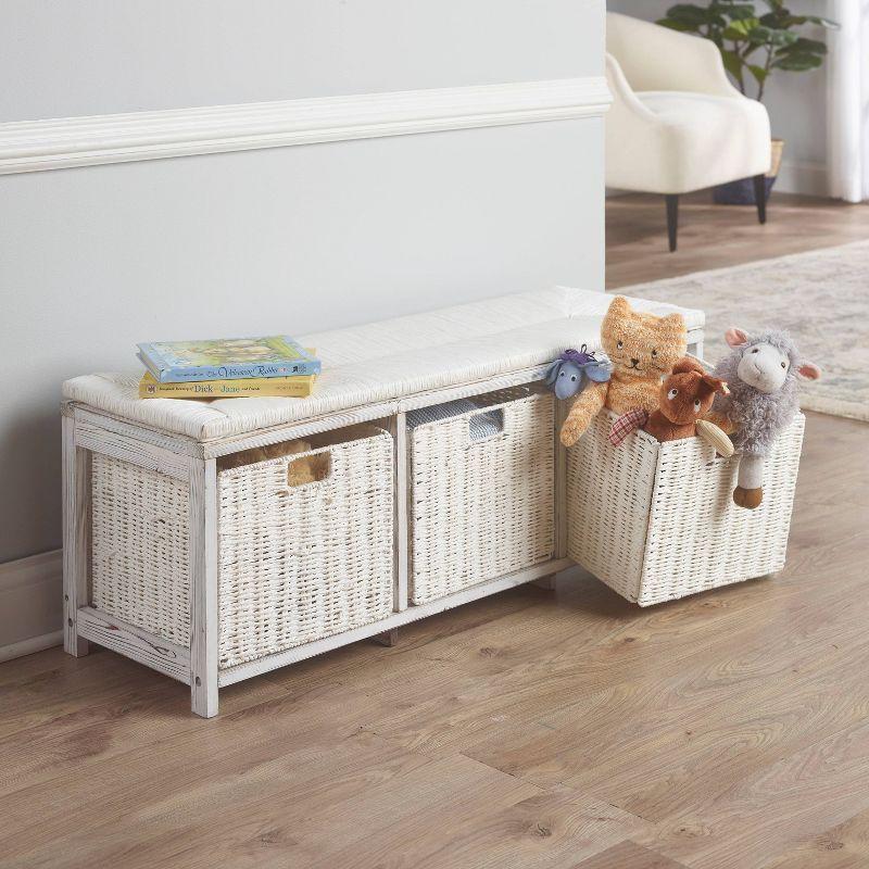 White Pine Wicker-Style Kid's Storage Bench with Baskets