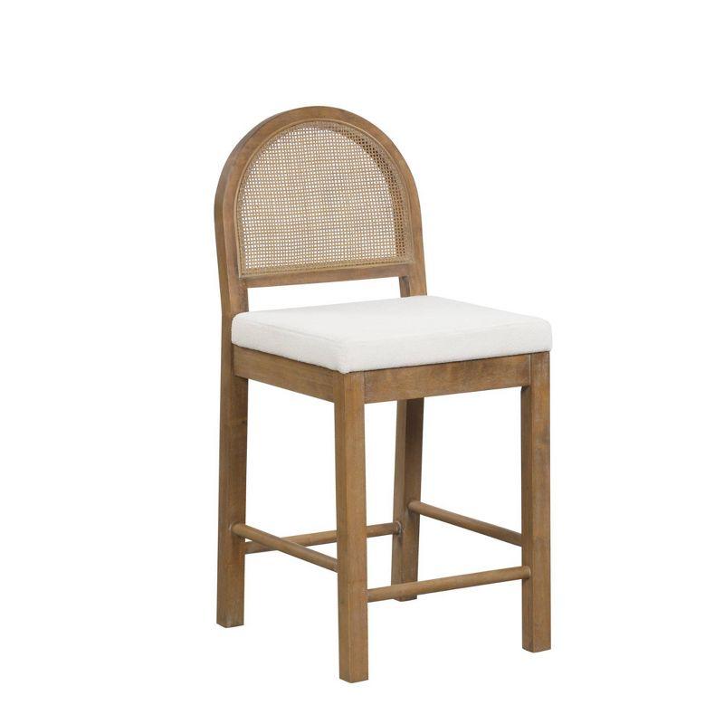 Nathan James Bailey Curved Back Counter Height Barstool Light Brown Wood Rattan Cream Boucle: Upholstered Cotton, Rubberwood Frame