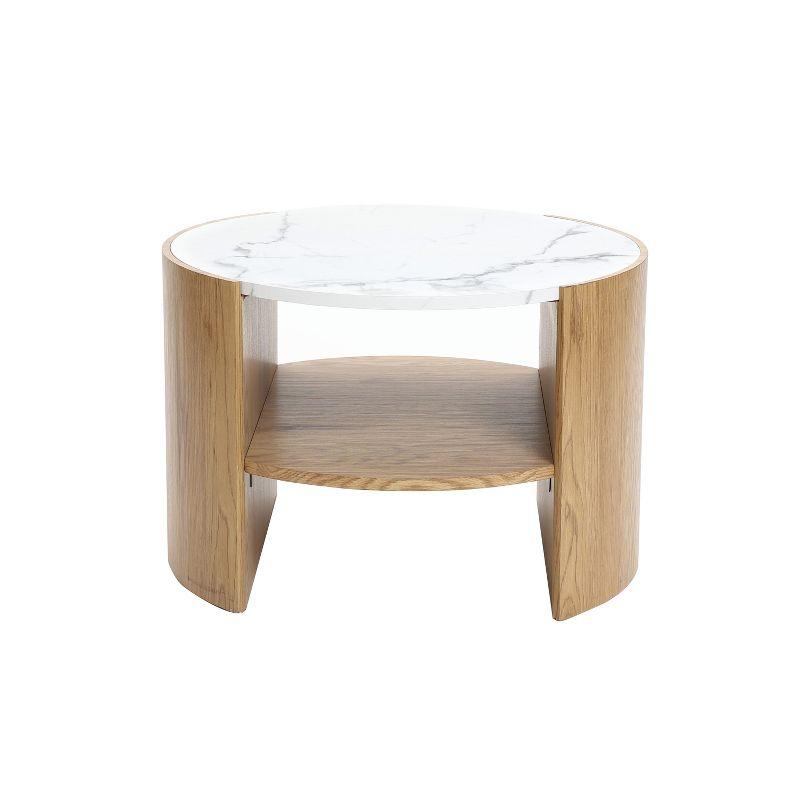 LuxenHome Natural Finish Manufactured Wood 23.6-Inch Round Coffee Table with Faux Marble Top Brown