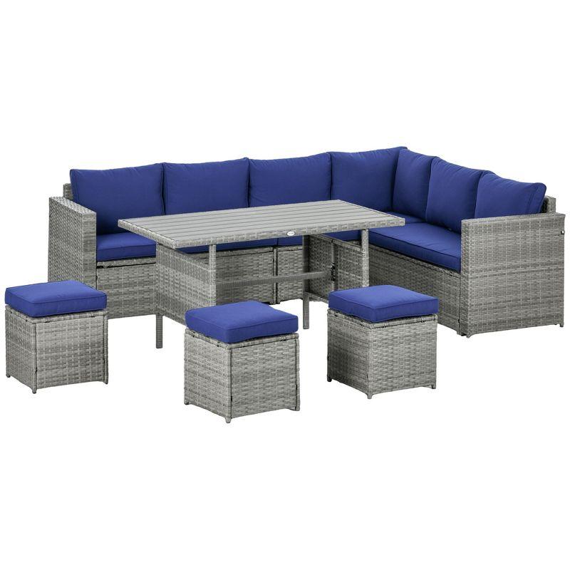 Outsunny 7-Piece Gray Wicker Patio Set with Blue Cushions