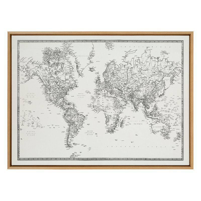 31.5" x 41.5" Sylvie World Map Framed Canvas by Creative Bunch Natural - Kate & Laurel All Things Decor: Horizontal Layout