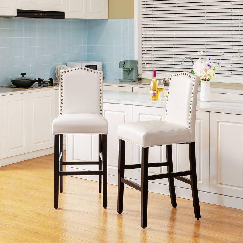 Set of 2 Leatherette PU Barstools with Studded Decor Off White - Glitzhome: Rubberwood Frame, Footrest, Modern Style