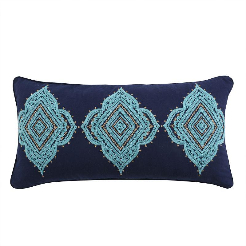 Navy Blue Embroidered Medallion Feather-Filled Decorative Pillow 12x24