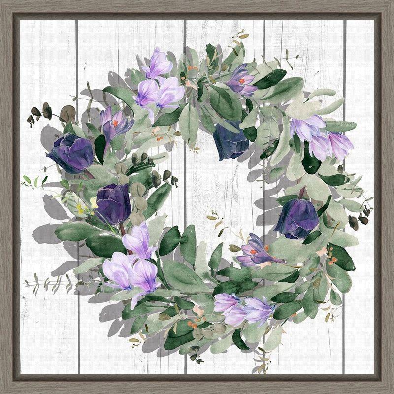 Purple Tulip Wreath Botanical Framed Canvas Print 16 x 16