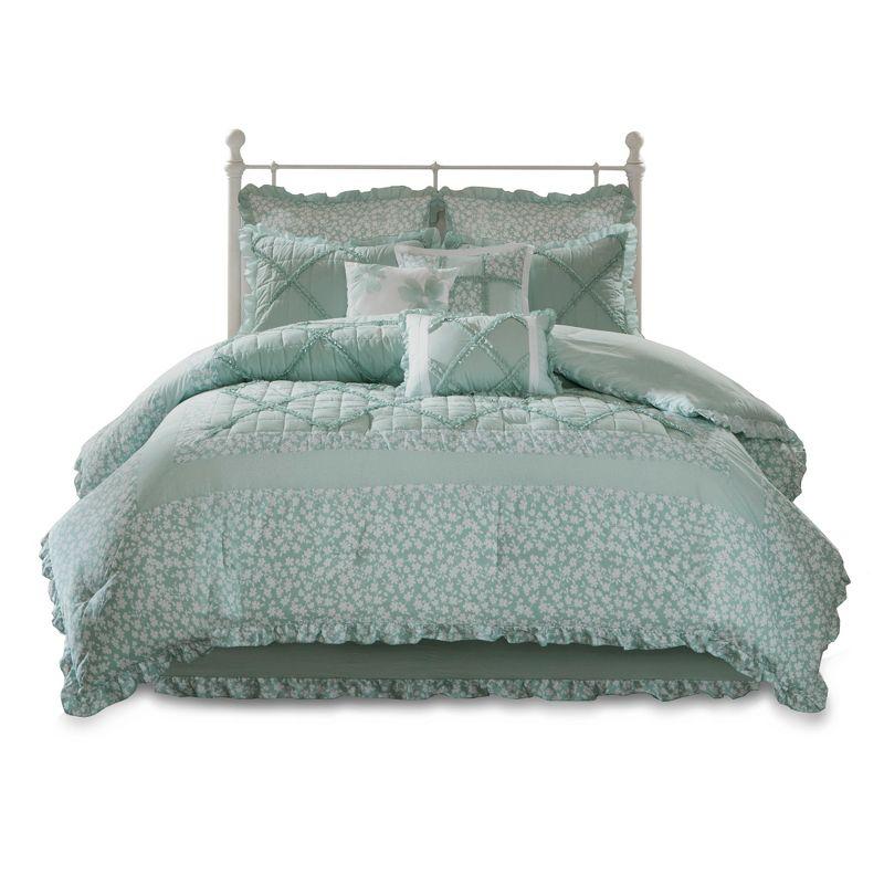 Seafoam Green Cotton Queen Comforter Set with Decorative Pillows