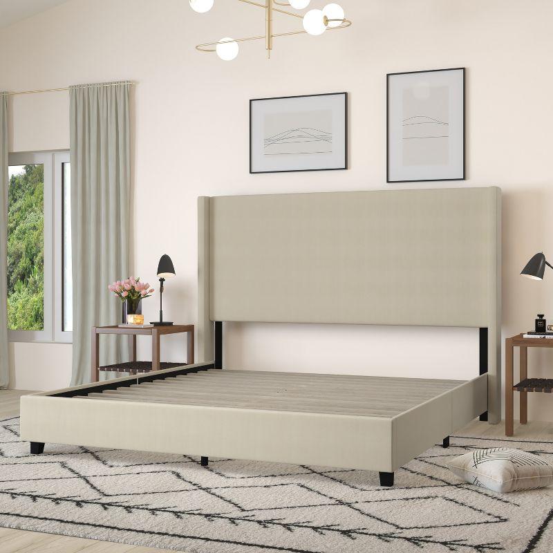 Merrick Lane Modern Platform Bed - Gray Faux Linen - Queen - Padded Wingback Headboard - 8.5" Floor Clearance - Wood Support Slats - No Box Spring Needed