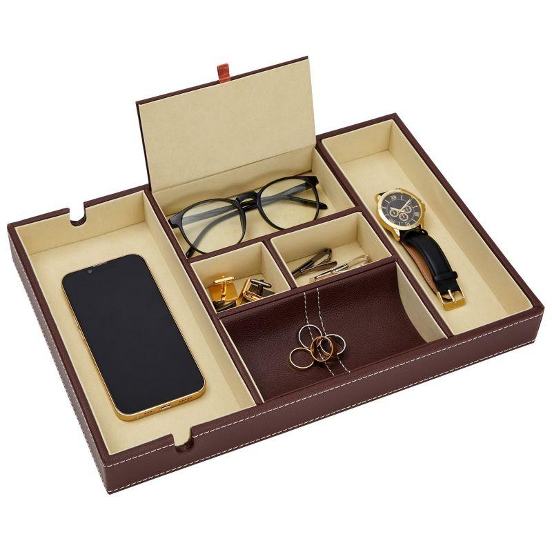 Juvale Leather Valet Catchall Tray for Men with 6 Compartments - Bedside Nightstand Organizer for Phones (Brown)