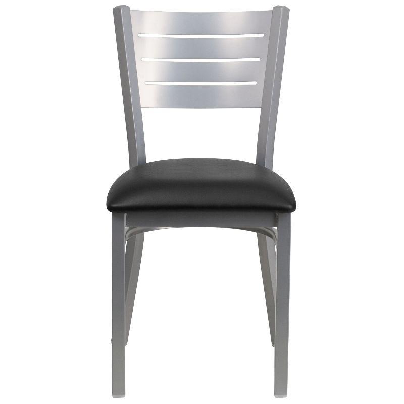 Elevated Slat Back Silver Steel Side Chair with Black Vinyl Seat