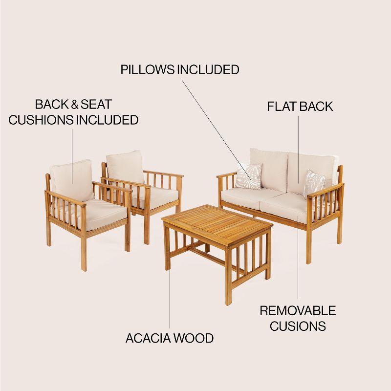 Everly 4-Piece Modern Cottage Acacia Wood Outdoor Patio Set with Cushions and Tropical Decorative Pillows - JONATHAN Y