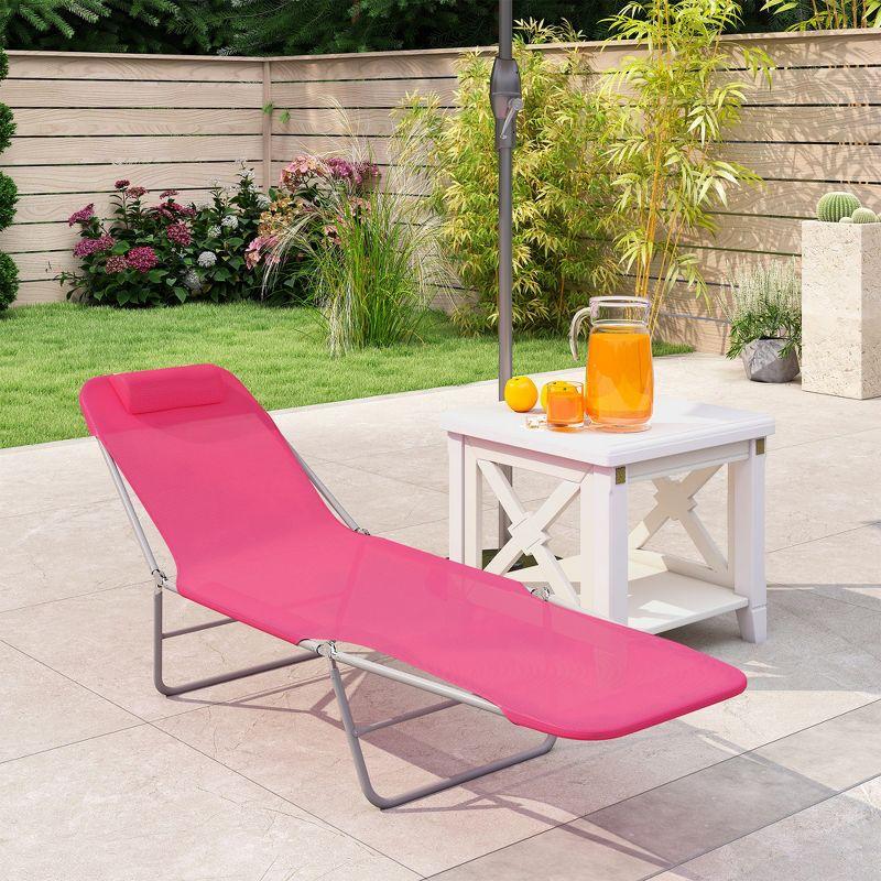 Outsunny Foldable Outdoor Chaise Lounge Chair, 5-Level Reclining Camping Tanning Chair with Breathable Mesh Fabric and Headrest, Pink