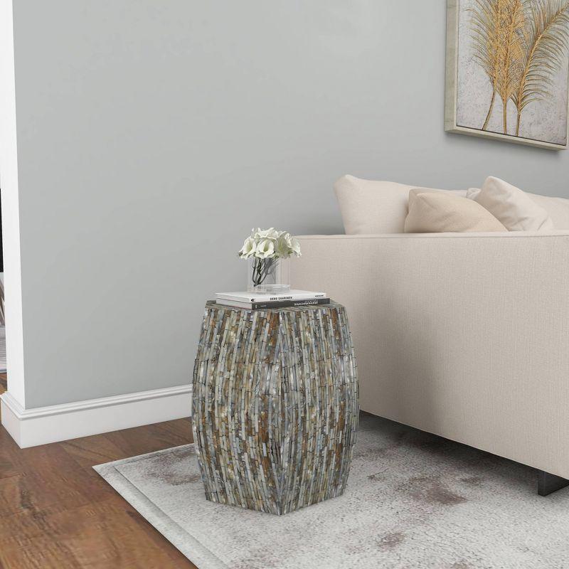 Wrought Studio™ Alissa Mother of Pearl Shell Handmade Shell Mosaic Hexagon Side End Gray Accent Table with Brown Accents