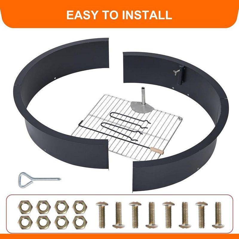 36 inch Outdoor Fire Pit Liner Round Solid Steel Fire Ring with Cooking Grate