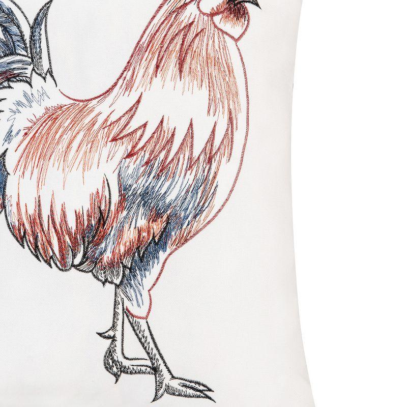 18" White and Multicolor Embroidered Rooster Throw Pillow