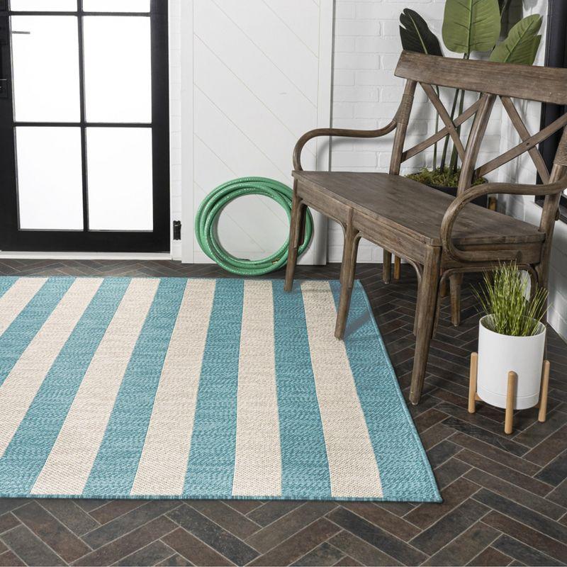 Aqua and Cream Wide Stripe Synthetic Indoor/Outdoor Rug 3x5