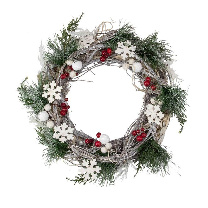 Snowflakes and Berries Winter Foliage Christmas Wreath 24-Inch Unlit