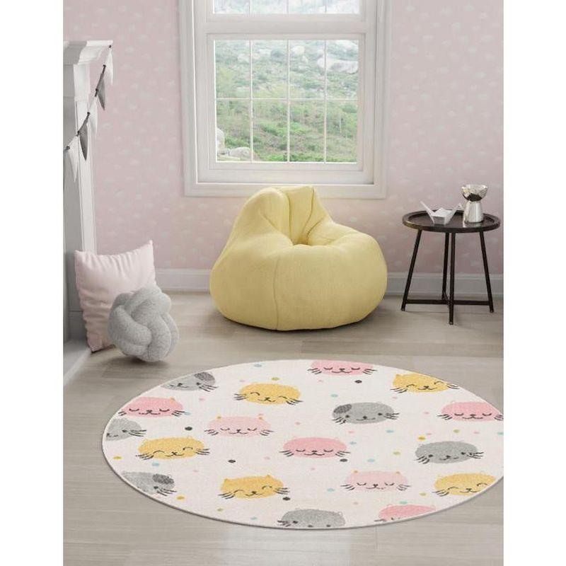 Ivory Round Kids Rug with Colorful Cat Faces