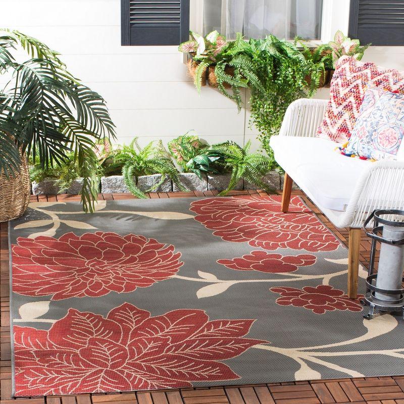 Anthracite and Red Floral Synthetic Outdoor Area Rug