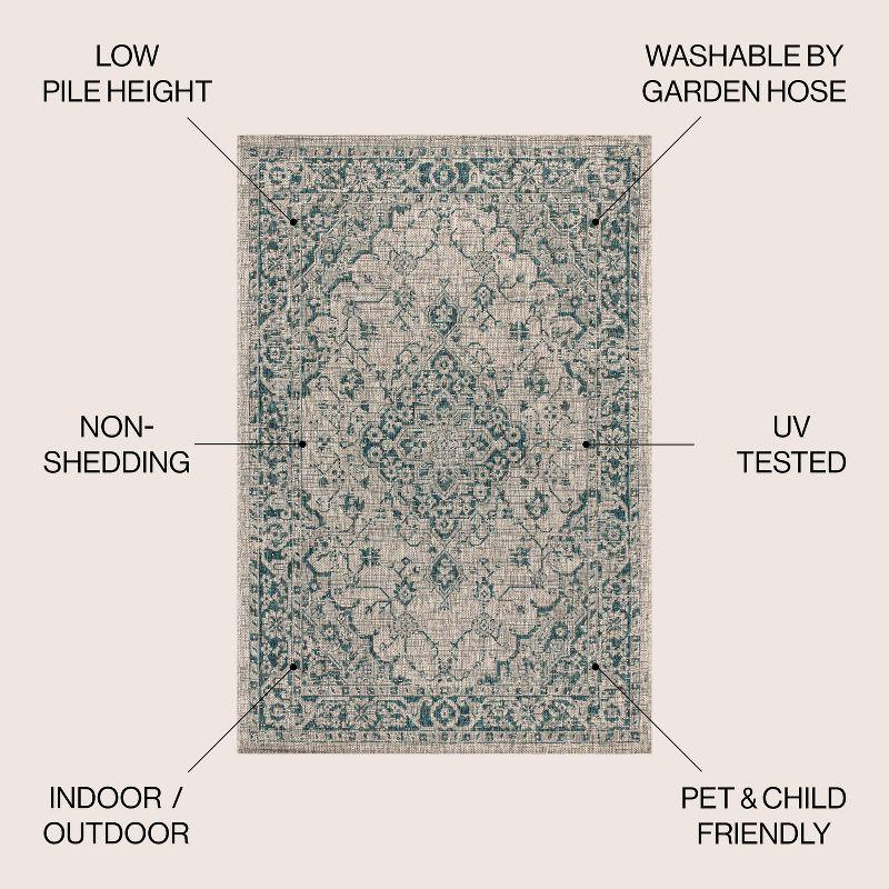 5' Square Rozetta Boho Medallion Textured Weave Indoor/Outdoor Area Rug, Gray/Teal - JONATHAN Y