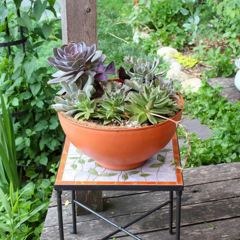 8" Wide Planter Bowl Burnt Sienna Galvanized Steel with Black Wrought Iron Plant Stand - ACHLA Designs: Weather-Resistant Indoor/Outdoor Decor