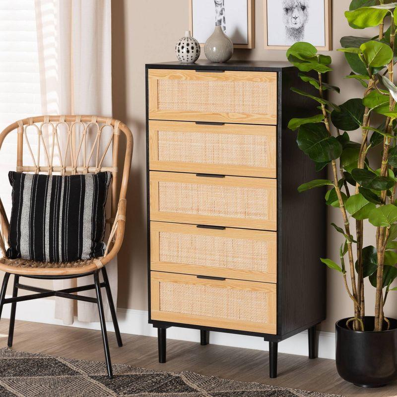 Maureen Wood and Rattan 5 Drawer Storage Chest Espresso/Natural Brown - Baxton Studio: Bohemian Style, Tapered Legs