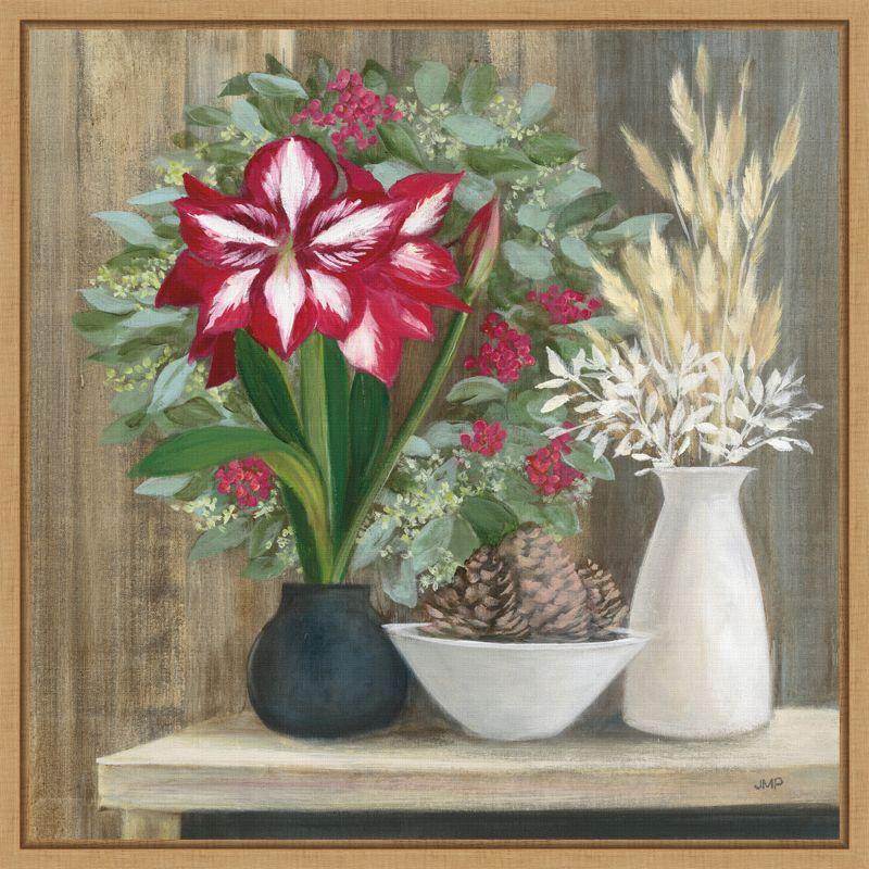 Natural Holiday Floral Still Life Canvas Print with Maple Frame