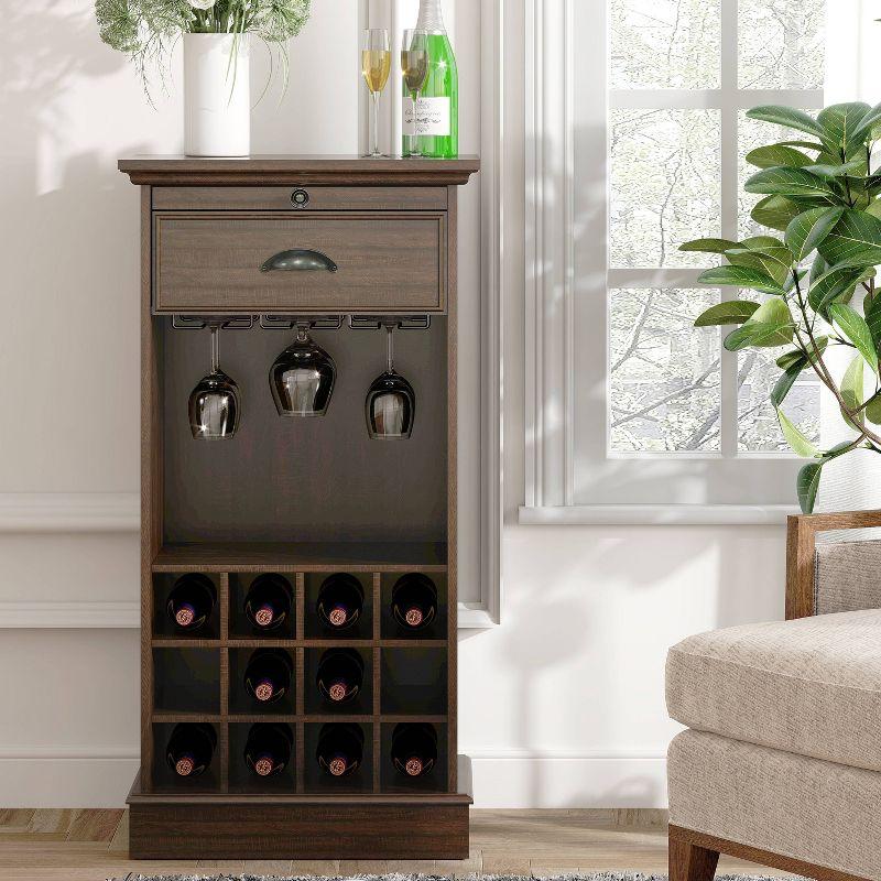 Walnut Wood Wine Cabinet with Metal Glass Holder and Lattice Rack