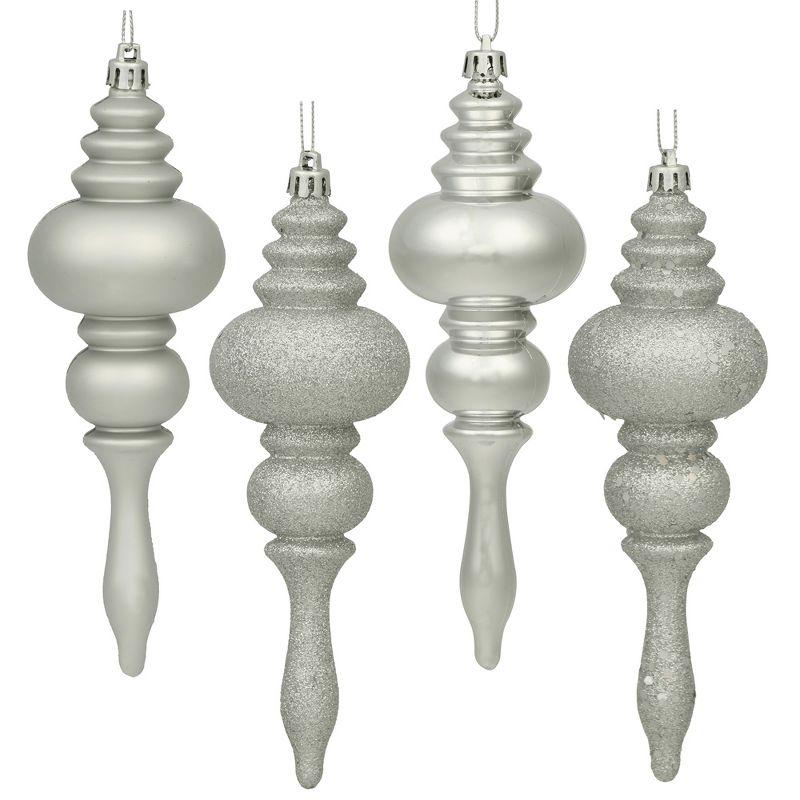 7" Silver Glitter Shatterproof Plastic Finial Tree Ornaments, Set of 8