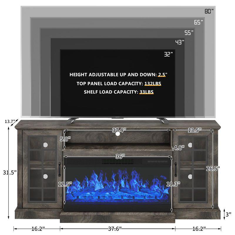 AOXUN 36 Inch 3-Sided Glass Fireplace TV Stand for TVs up to 80", Rustic Media Entertainment Center Console Table with Glass Door Closed Storage, Grey