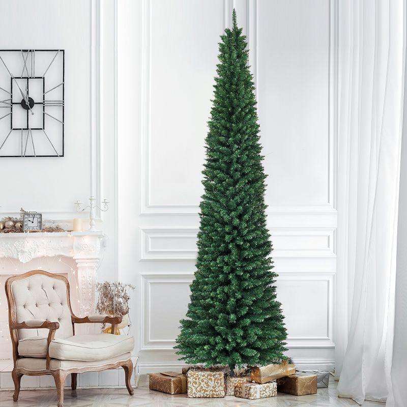 Costway 9Ft PVC Artificial Pencil Christmas Tree Slim Stand Green