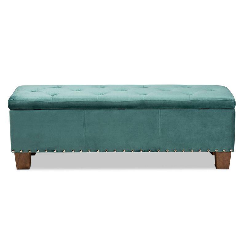 Teal Velvet Tufted Storage Bench with Walnut Legs