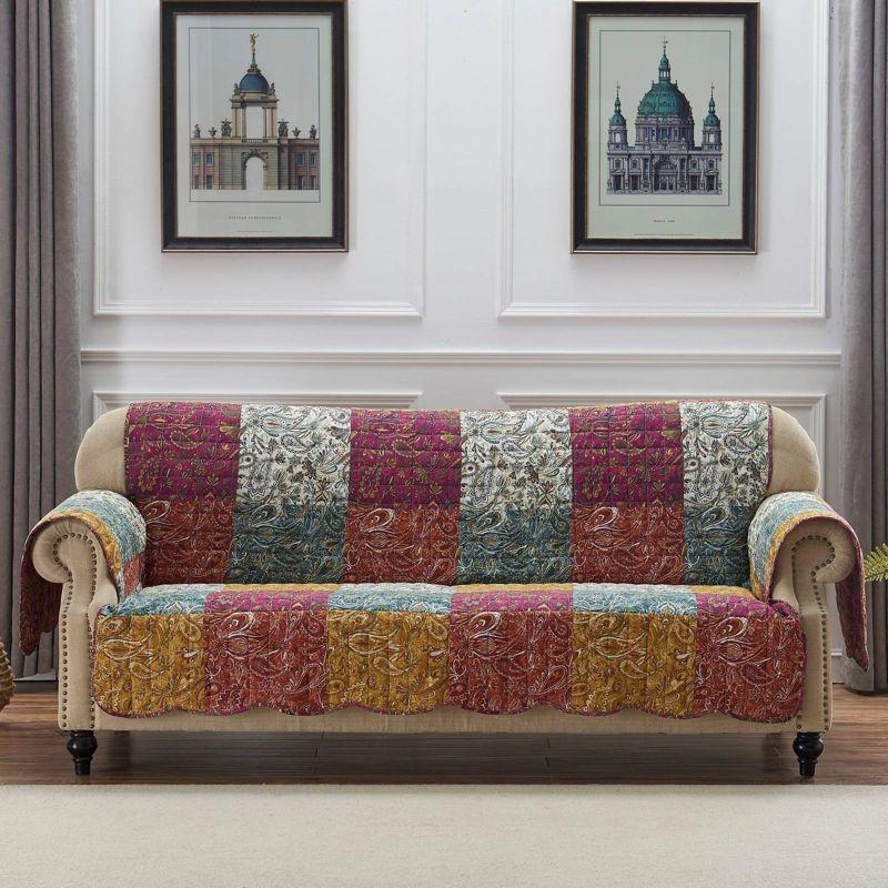 Reversible Paisley Slumber Sofa Furniture Protector Slipcover Purple - Greenland Home Fashions: Elastic Strap, Machine Washable