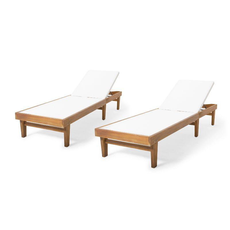 Christopher Knight Home Summerland Outdoor Mesh and Acacia Wood Armless Adjustable Chaise Lounges (Set of 2), White/Teak