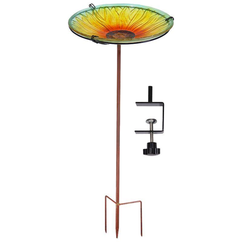 Blooming Sunflower Glass Bird Bath with Iron Stake and Clamp