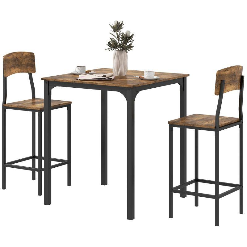 HOMCOM 3 Piece Bar Table and Chairs Set, Industrial Small Dining Table Set for 2, Square Kitchen Table and Stools, Rustic Brown and Black